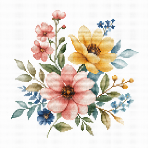 Easy floral cross stitch patterns with a colorful watercolor-style flower bouquet