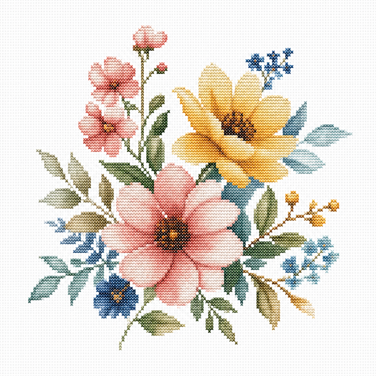 Easy floral cross stitch patterns with a colorful watercolor-style flower bouquet