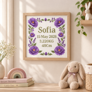 Purple Floral Baby Birth Announcement Cross Stitch Pattern